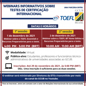 Informações a respeito da série de Webinars informativos sobre os exames TOEFL iBT Paper Edition e TOEFL Essentials.